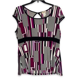 Womens MKM Designs 2X Plus Purple Retro Color Block Keyhole Blouse 70s Stretchy